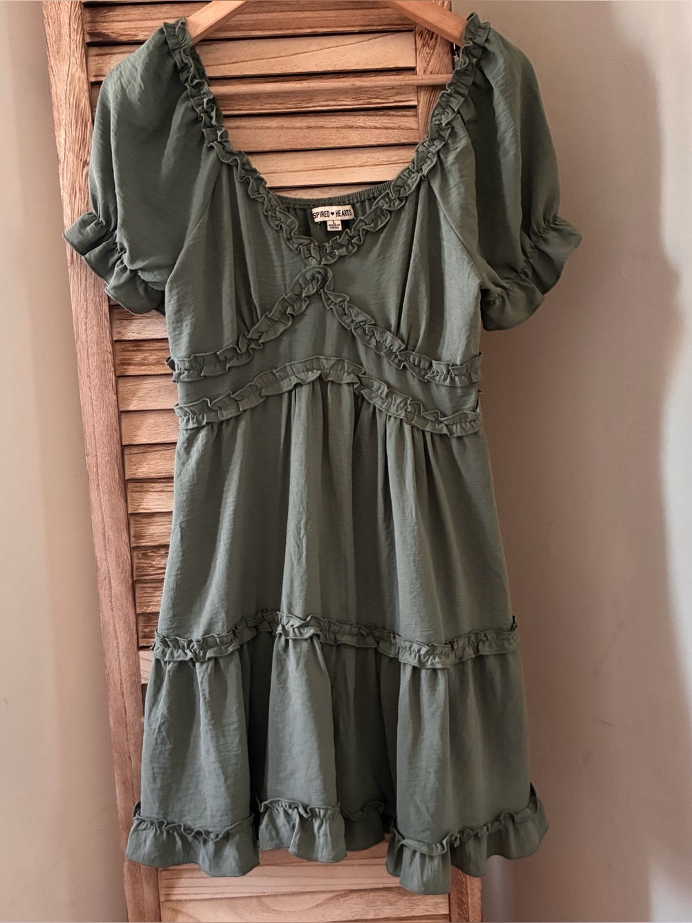 Inspired Hearts Sage Green Ruffle Babydoll Mini Dress Puff Sleeve Minimalist L
